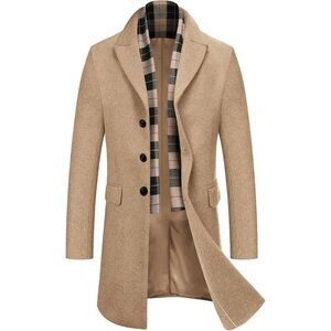 Men's Khaki Trench Overcoat Wool Blend Coat with Detachable Single Breasted
